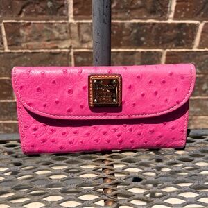 Dooney & Bourke Pink Embossed Ostrich Leather Trifold Wallet 7 1/4” x 4”